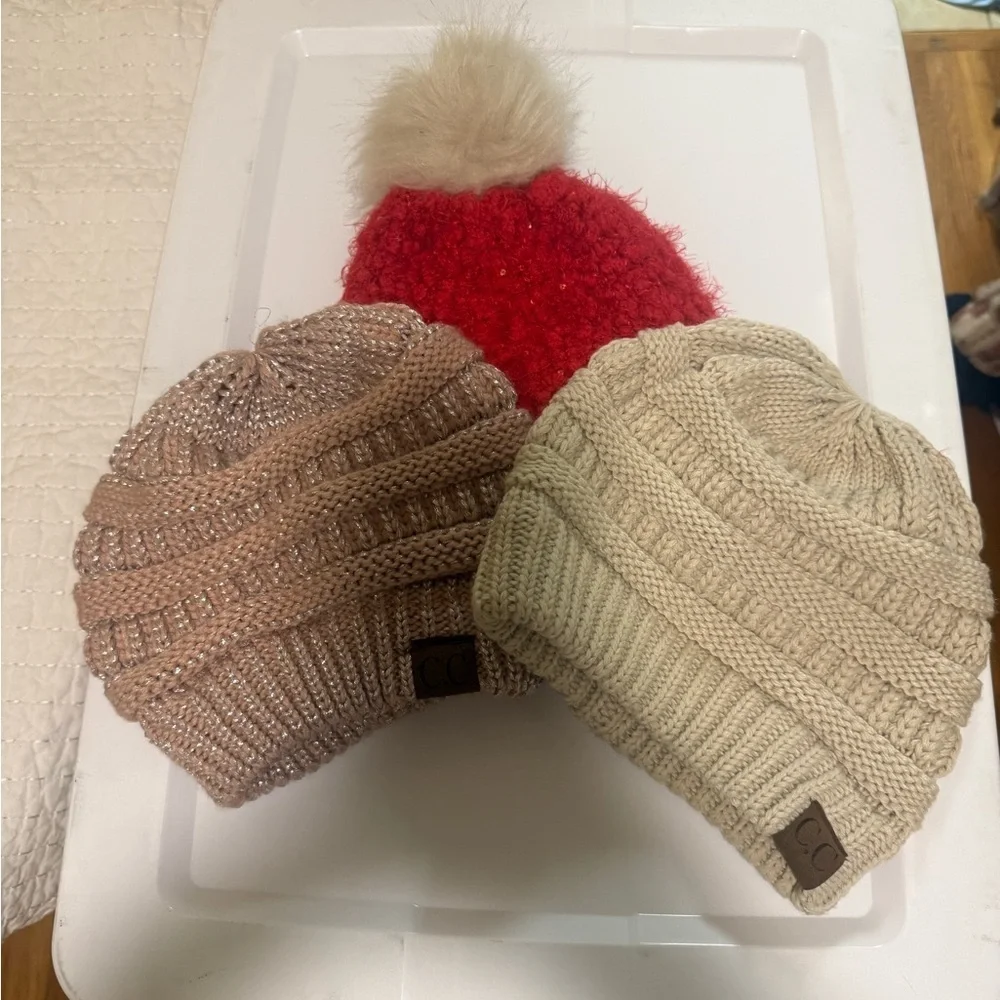 C.C Beanie Hat Bundle 3 Knit Winter Hats Pom Cable Ribbed